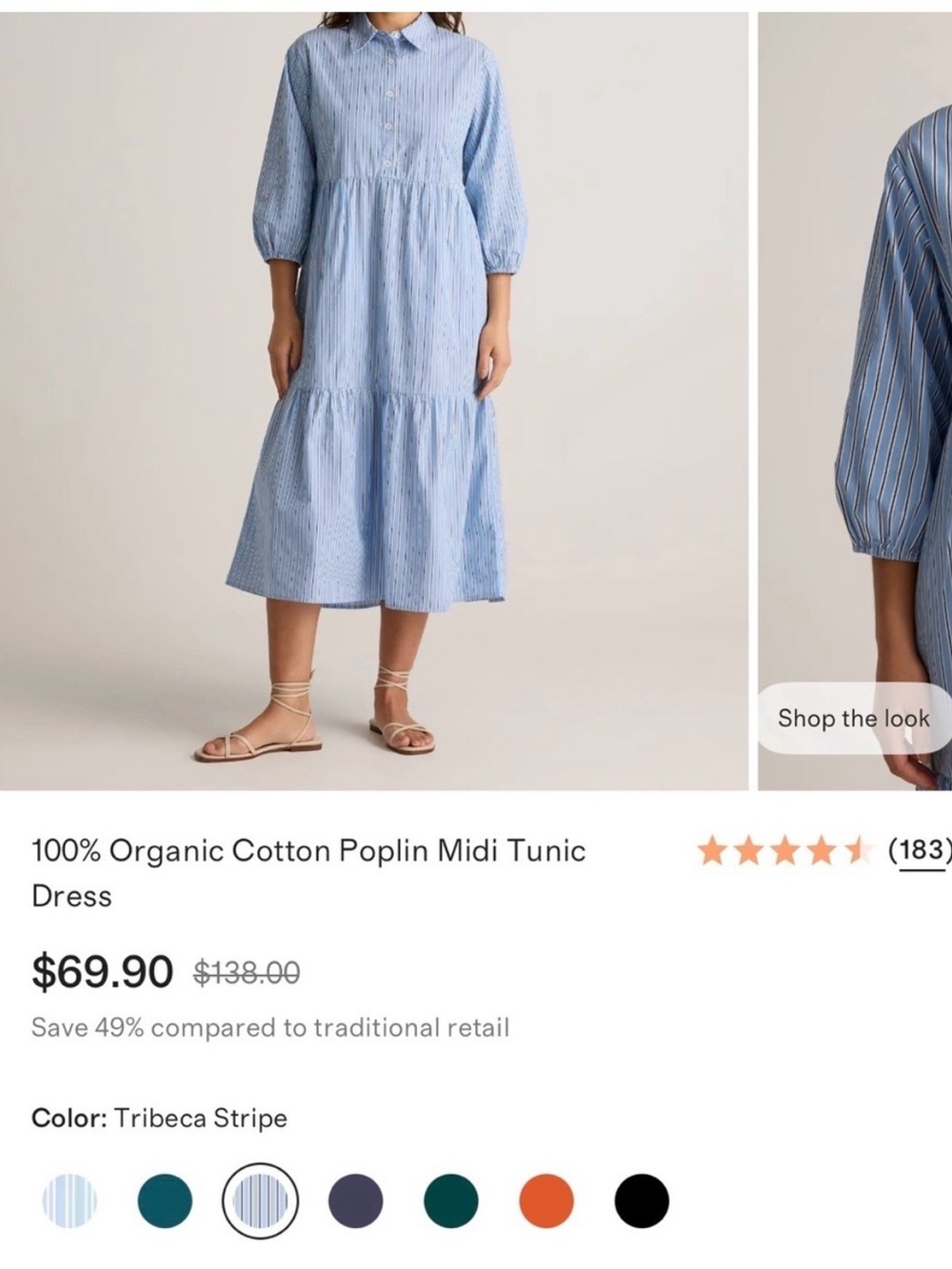 Quince Light Blue Striped Organic Cotton Poplin Midi Tunic Dress